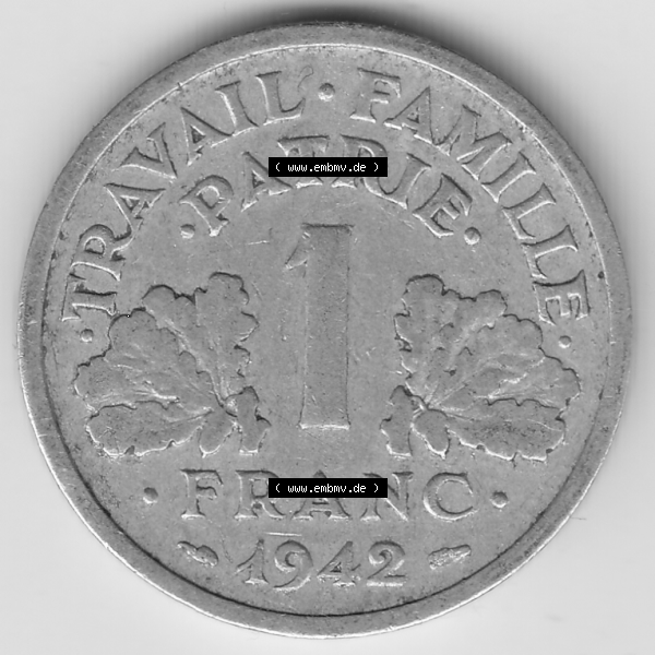 Grau bzw. s/w Münze Frankreich Umlaufmünzen Sammlung in PNG 1942-1944, 1 Franken - Francs 1942 (2) - Digitales Münzen-Bildmaterial einer französischen Francs Münze aus Frankreich... Sammlung Graustufen