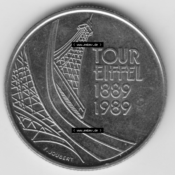 Grau bzw. s/w Münze Frankreich Umlaufmünzen Sammlung in PNG 1989-1989, 5 Francs Franken Eiffelturm (2) - Digitales Münzen-Bildmaterial einer französischen Francs Münze aus Frankreich... Sammlung Graustufen