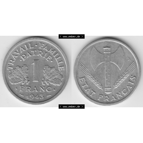 Grau bzw. s/w Münze Frankreich Umlaufmünzen Sammlung in PNG 1942-1944, 1 Franc, Franken 1943 (3) - Digitales Münzen-Bildmaterial einer französischen Francs Münze aus Frankreich... Sammlung Graustufen