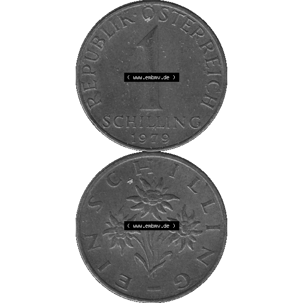 Grau bzw. s/w Alte Münzen Österreich 1 / Ein Schilling 1959-2001, 1 Schilling 1979-03. Vorderseite und Rückseite der Kursmünze 1 / Ein Schilling Münze Edelweiß aus... Sammlung Graustufen