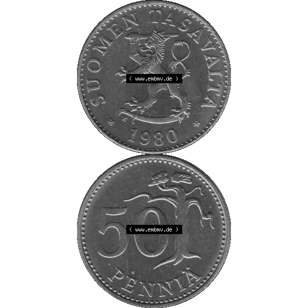 Grau bzw. s/w Alte Münzen KMS Finnland, Kursmünzensatz 1980 in Stempelglanz als digitales Computerbild in transparenten PNG 1963-1990, 50 Penny Fünfzig Penniä 1980-01, SUOMEN TASAVALTA.... Sammlung Graustufen
