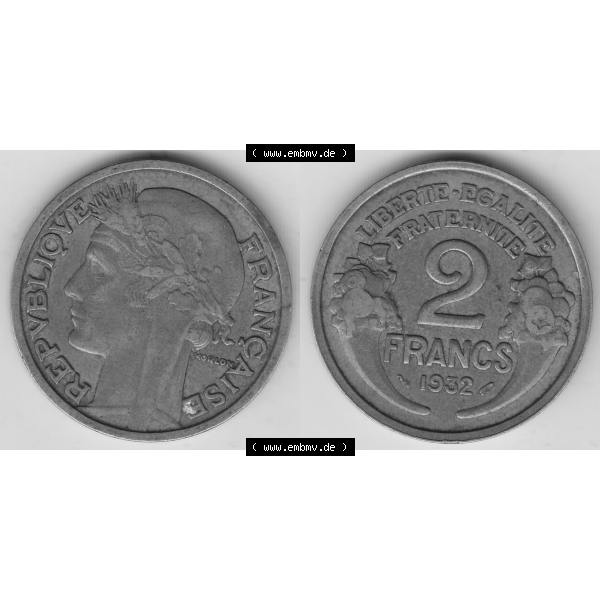 Grau bzw. s/w Münze Frankreich Umlaufmünzen Sammlung in PNG 1931-1941, 2 Franken 1932-2 LIBERTE EGALITE FRATERNITE (3) - Digitales Münzen-Bildmaterial einer französischen Francs Münze... Sammlung Graustufen