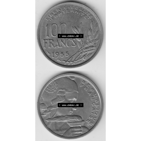 Grau bzw. s/w Münze Frankreich Umlaufmünzen Sammlung in PNG 1954-1958, 100 Francs, Franken Typ II 1955 (4) - Digitales Münzen-Bildmaterial einer französischen Francs Münze... Sammlung Graustufen