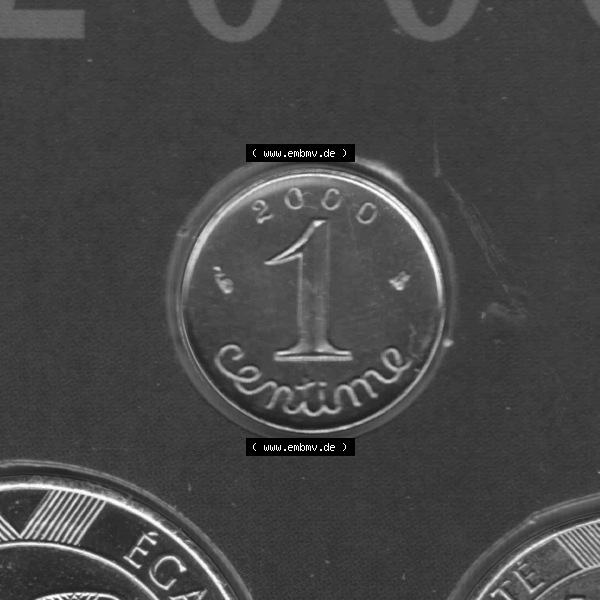 Grau bzw. s/w Münze Frankreich Umlaufmünzen Sammlung in PNG 2000, 1 Centime (1) - Digitales Münzen-Bildmaterial einer französischen Francs Münze aus Frankreich in farbige mit... Sammlung Graustufen