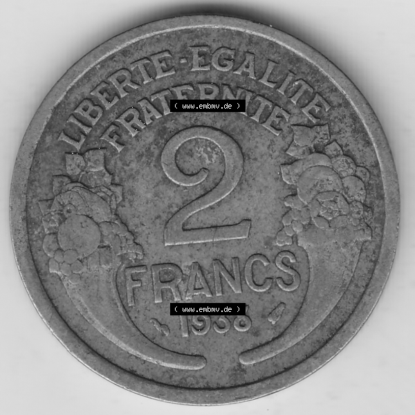 Grau bzw. s/w Münze Frankreich Umlaufmünzen Sammlung in PNG 1931-1941, 2 Franken 1938-2 LIBERTE EGALITE FRATERNITE (2) - Digitales Münzen-Bildmaterial einer französischen Francs Münze... Sammlung Graustufen