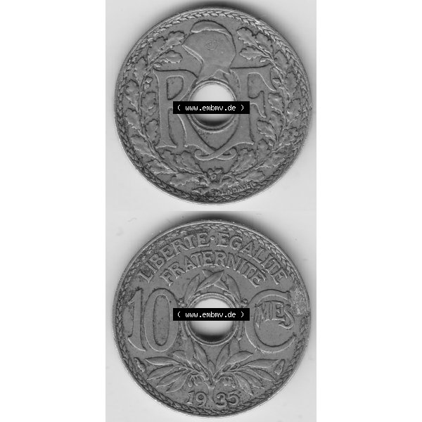 Grau bzw. s/w Münze Frankreich Umlaufmünzen Sammlung in PNG 1917-1938, 10 Centimes - Cmes 1935-3 (4) - Digitales Münzen-Bildmaterial einer französischen Francs Münze aus Frankreich... Sammlung Graustufen