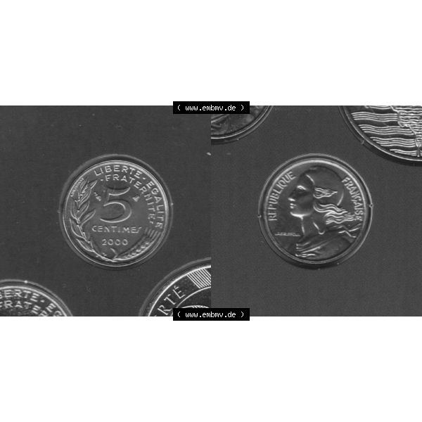 Grau bzw. s/w Münze Frankreich Umlaufmünzen Sammlung in PNG 2000, 5 Centimes (3) - Digitales Münzen-Bildmaterial einer französischen Francs Münze aus Frankreich in farbige mit... Sammlung Graustufen