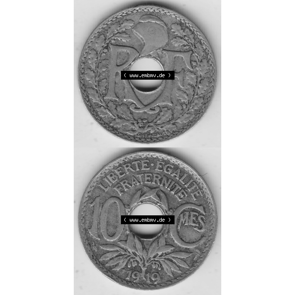 Grau bzw. s/w Münze Frankreich Umlaufmünzen Sammlung in PNG 1917-1938, 10 Centimes, 10 CMES EGALITÉ FRATERNITÉ LIBERTÉ 1919-1 (4) - Digitales Münzen-Bildmaterial... Sammlung Graustufen