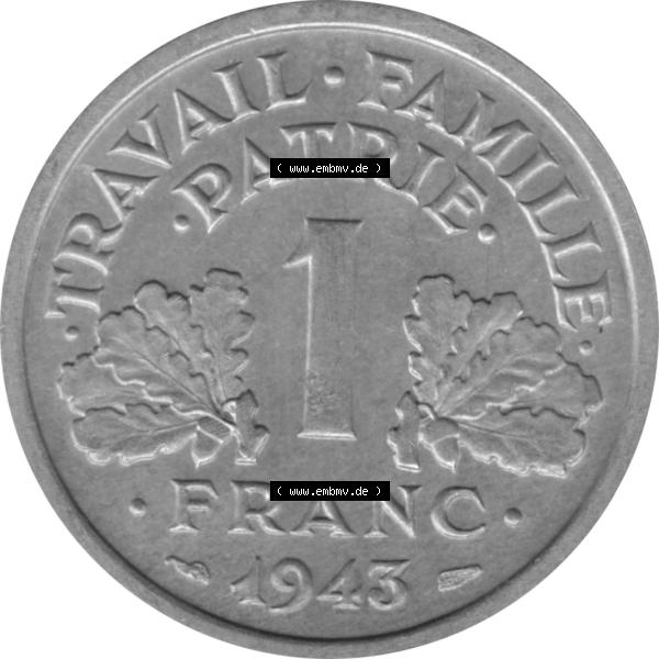 Grau bzw. s/w Münze Frankreich Umlaufmünzen Sammlung in PNG 1942-1944, 1 Franc, Franken 1943-01 (5) - Digitales Münzen-Bildmaterial einer französischen Francs Münze aus... Sammlung Graustufen