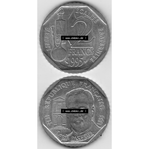 Grau bzw. s/w Münze Frankreich Umlaufmünzen Sammlung in PNG 1995-1995, 2 France Louis Rasteur (4) - Digitales Münzen-Bildmaterial einer französischen Francs Münze aus Frankreich... Sammlung Graustufen