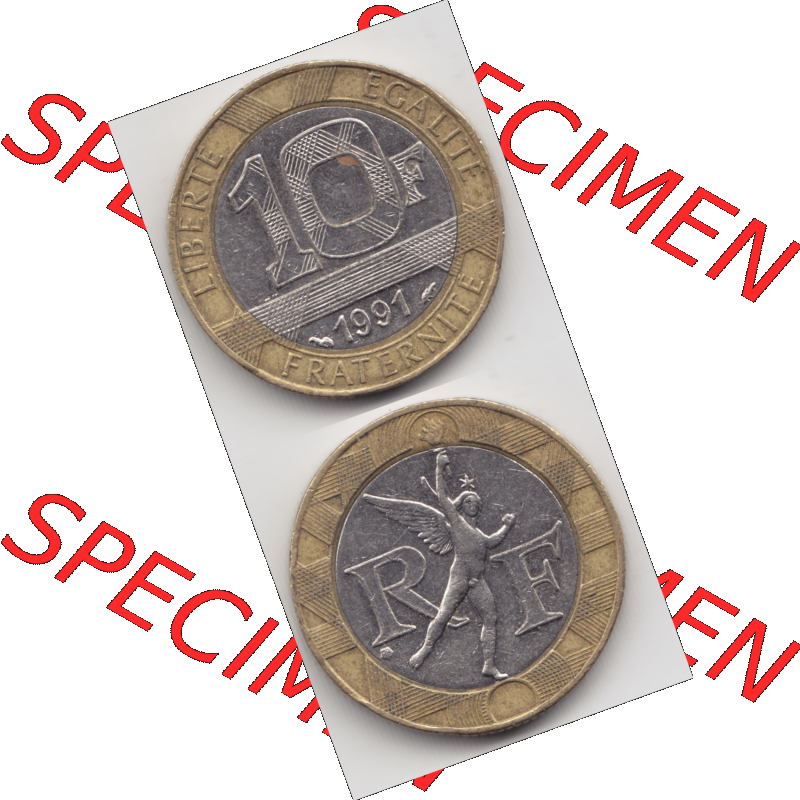 Münze Frankreich Umlaufmünzen Sammlung in PNG 1991, 10 Francs (4) - Digitales Münzen-Bildmaterial einer französischen Francs Münze aus Frankreich in farbige mit... Sammlung