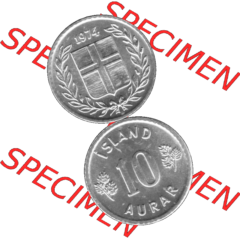 Alte Münze Island Umlaufmünze 1970-1974, 10 Aurar, Zehn Aura 1974-01 Graustufen. Vorderseite und Rückseite in Graustufen der Münze aus Island, vertikal auf... Sammlung