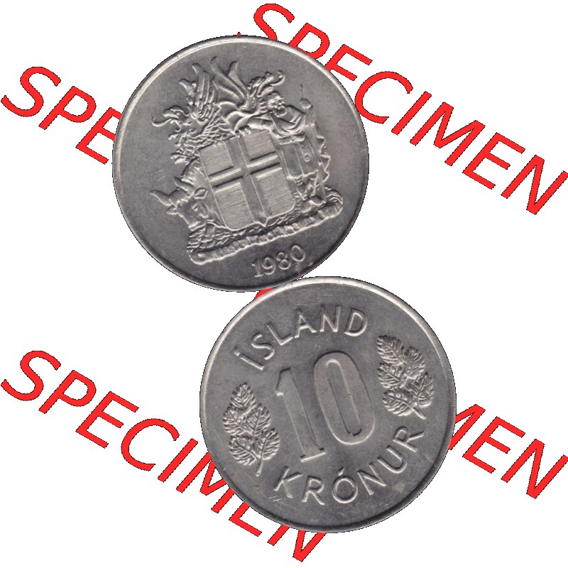 Alte Münze Island Umlaufmünze 1967-1980, 10 Kronur, Kronen 1980-01. Vorderseite und Rückseite der Münze, Umlaufmünze / Kursmünze Island vertikal... Sammlung