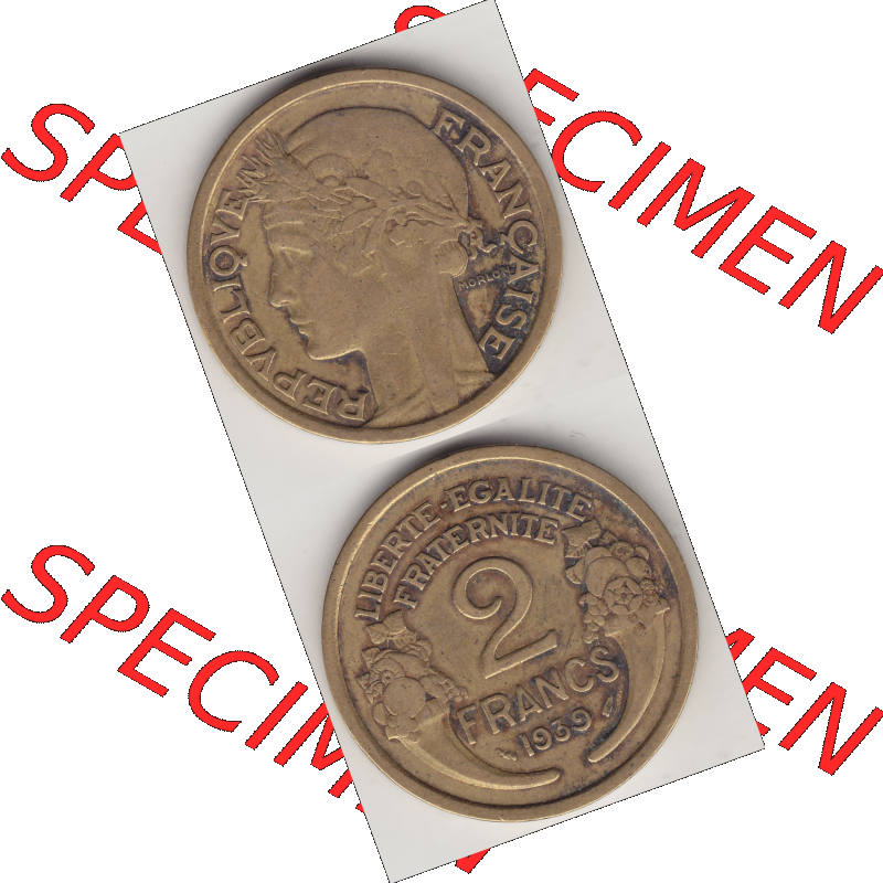 Münze Frankreich Umlaufmünzen Sammlung in PNG 1931-1941, 2 Franken 1939-1 LIBERTE EGALITE FRATERNITE (4) - Digitales Münzen-Bildmaterial einer französischen Francs Münze... Sammlung