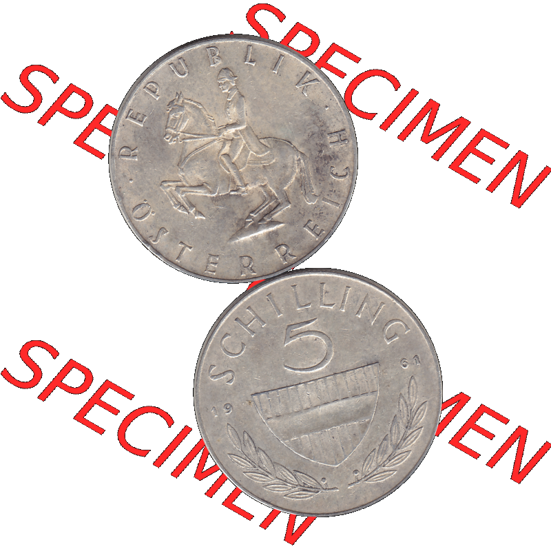 Alte Münze 5 / Fünf Schilling Österreich in original Farbgebung von Scanner transparenten PNG 1960-1968, 5 Fünf Schilling 1961-02, 5,20 Gramm 640er Silber,... Sammlung