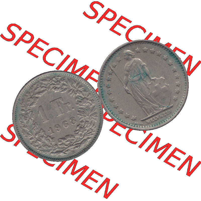 Alte Münze Schweiz in original Farbgebung vom Scanner transparenten PNG 1968-1982, 1 Franken B 1968-04 (15). Digitales Münzen-Bildmaterial der 1/Ein Franken Münze... Sammlung