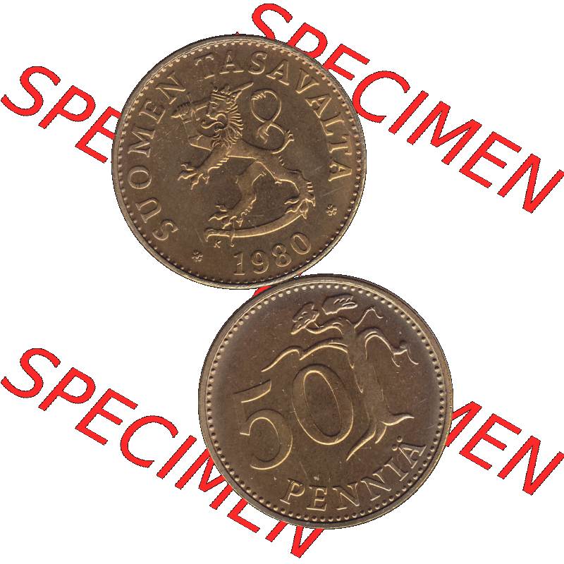 Alte Münzen KMS Finnland, Kursmünzensatz 1980 in Stempelglanz als digitales Computerbild in transparenten PNG 1963-1990, 50 Penny Fünfzig Penniä 1980-01, SUOMEN TASAVALTA.... Sammlung