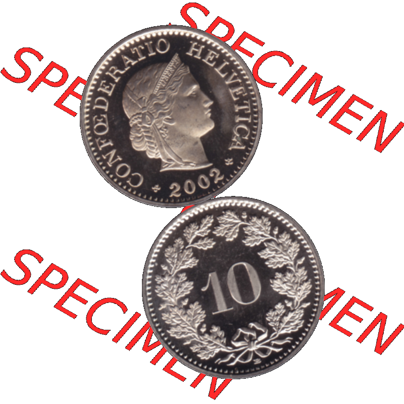 Alte Münze KMS Schweiz in original Farbgebung vom Scanner transparenten PNG 1940-2018, 10 Rappen 2002. Vorderseite und Rückseite der Münze Umlaufmünze / Kursmünze... Sammlung