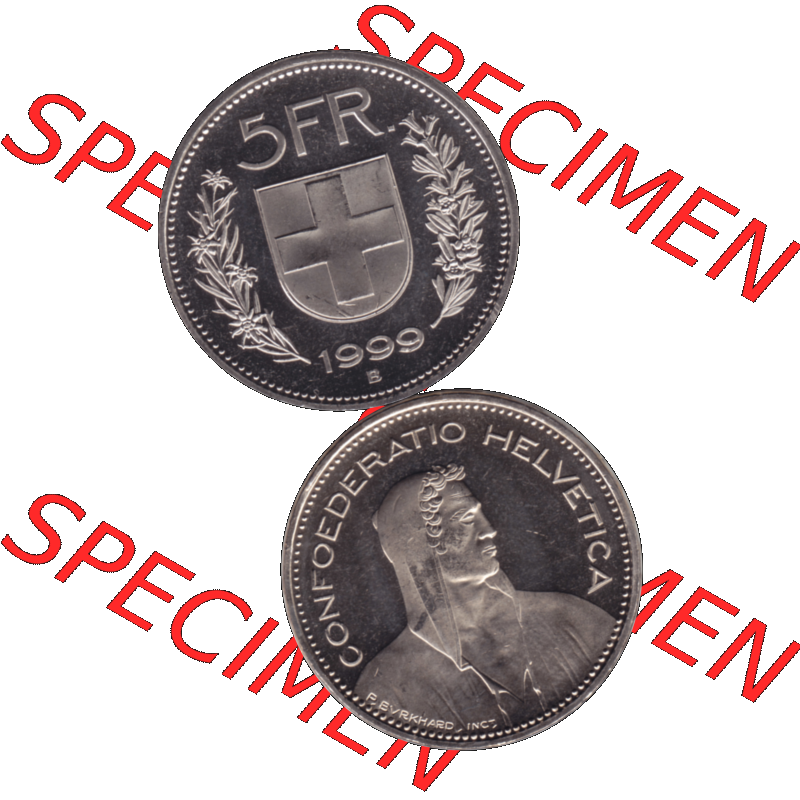 Alte Münze KMS Schweiz in original Farbgebung vom Scanner transparenten PNG 1994-2018, 5 Franken 1999. Erst die Rückseite Oben und dann die Vorderseite unten der Münze Umlaufmünze... Sammlung