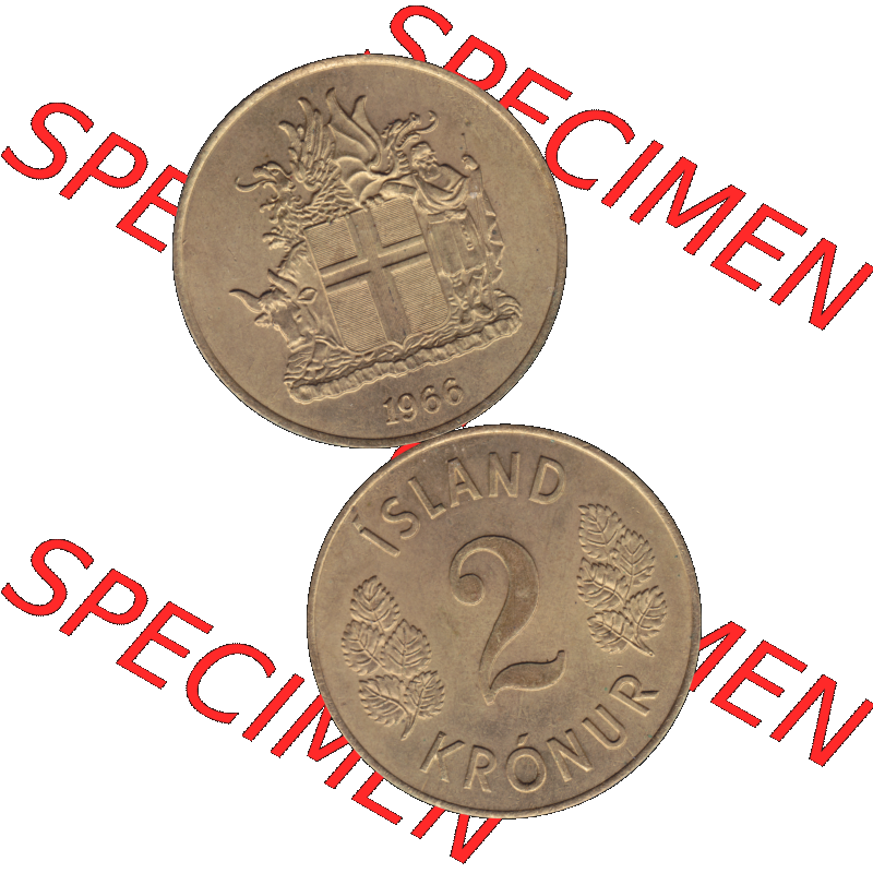 Alte Münze Island Umlaufmünze 1958-1966, 2 KR Kronur, Kronen 1966-01. Vorderseite und Rückseite der Münze, Umlaufmünze / Kursmünze Island vertikal... Sammlung