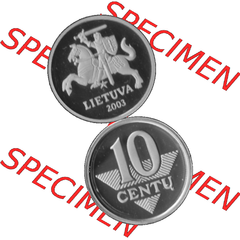 Alte Münze Litauen Kursmünzensatz 1997-2014, 10 Centu 2003-01 Graustufen. Vorderseite und Rückseite in Graustufen der litauischen KMS-Münze 2003, vertikal auf einen... Sammlung