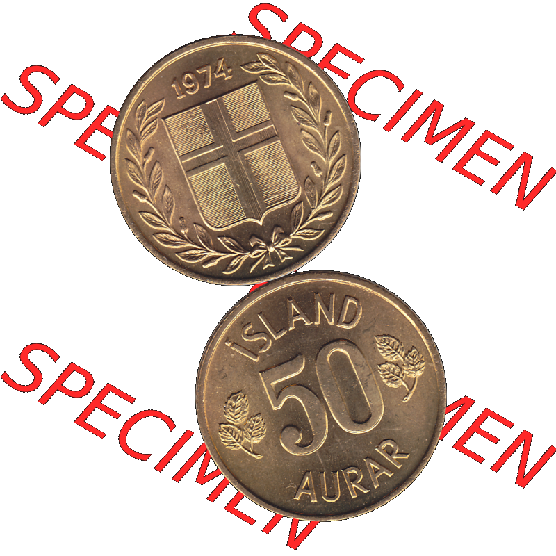 Alte Münze Island Umlaufmünze 1969-1974, 50 Aurar 1974-01, 50 Isländische Aurar. Vorderseite und Rückseite der Münze, Umlaufmünze / Kursmünze... Sammlung