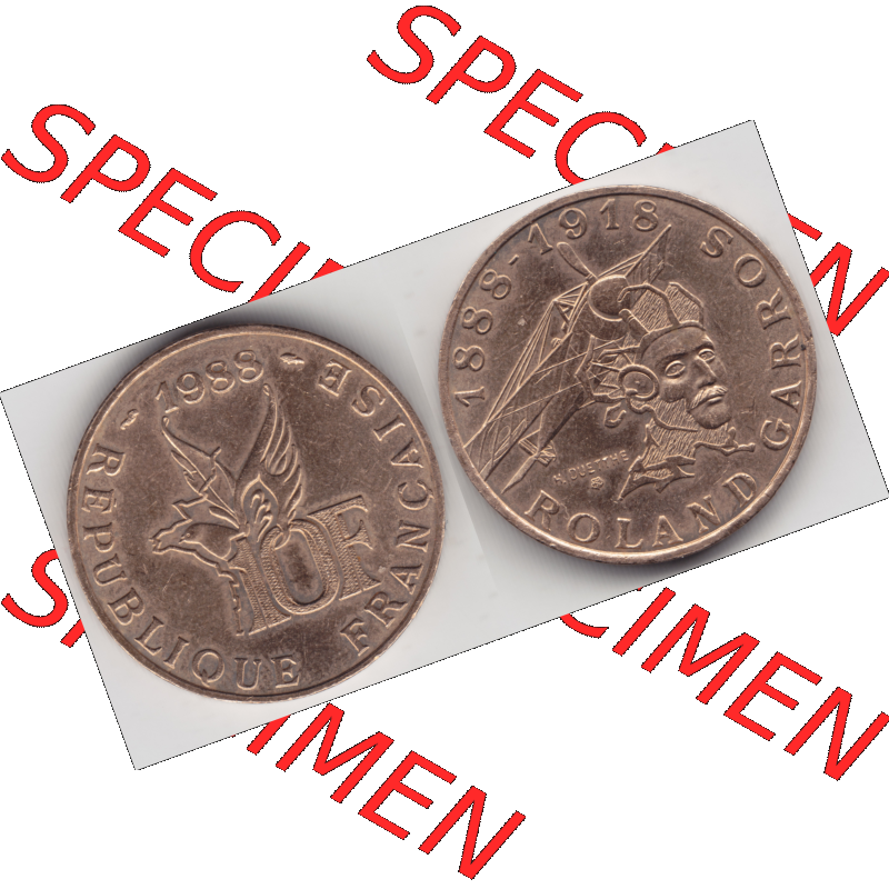 Münze Frankreich Umlaufmünzen Sammlung in PNG 1988-1988, 10 Francs Roland Garros (3) - Digitales Münzen-Bildmaterial einer französischen Francs Münze aus Frankreich... Sammlung