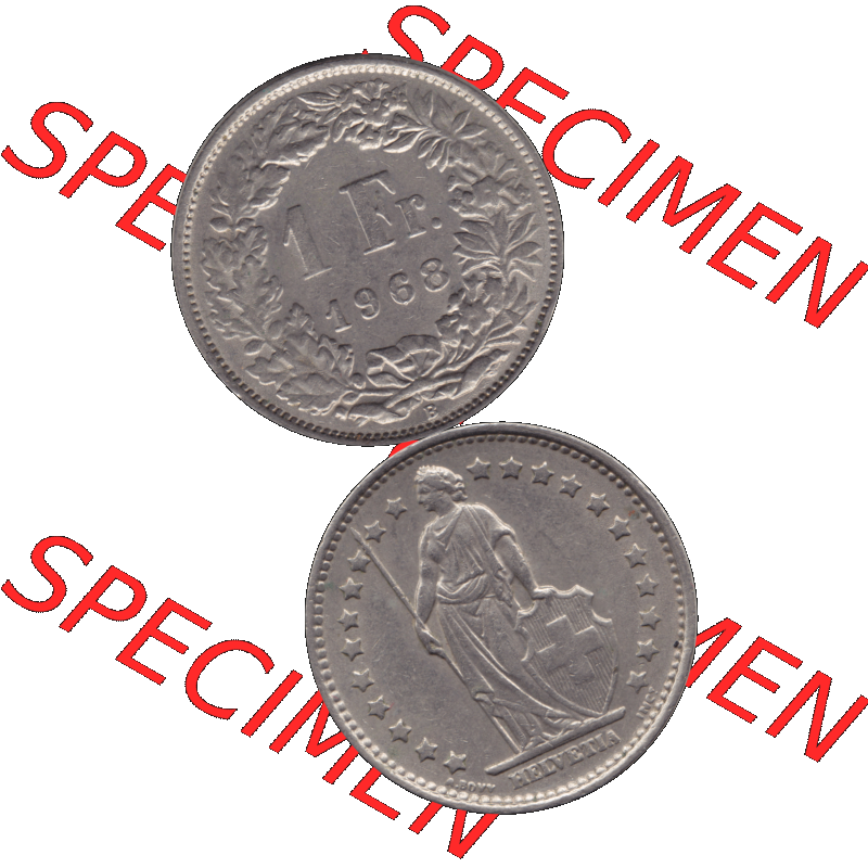 Alte Münze Schweiz in original Farbgebung vom Scanner transparenten PNG 1968-1982, 1 Franken B 1968-03 (16). Digitales Münzen-Bildmaterial der 1/Ein Franken Münze... Sammlung