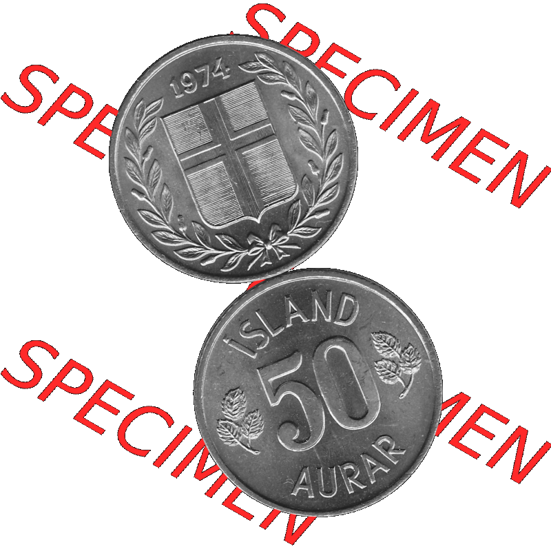 Alte Münze Island Umlaufmünze 1969-1974, 50 Aurar 1974-01, 50 Isländische Aurar Graustufen. Vorderseite und Rückseite in Graustufen der Münze aus Island,... Sammlung