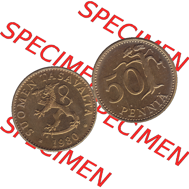 Alte Münzen KMS Finnland, Kursmünzensatz 1980 in Stempelglanz als digitales Computerbild in transparenten PNG 1963-1990, 50 Penny Fünfzig Penniä 1980-01, SUOMEN TASAVALTA.... Sammlung