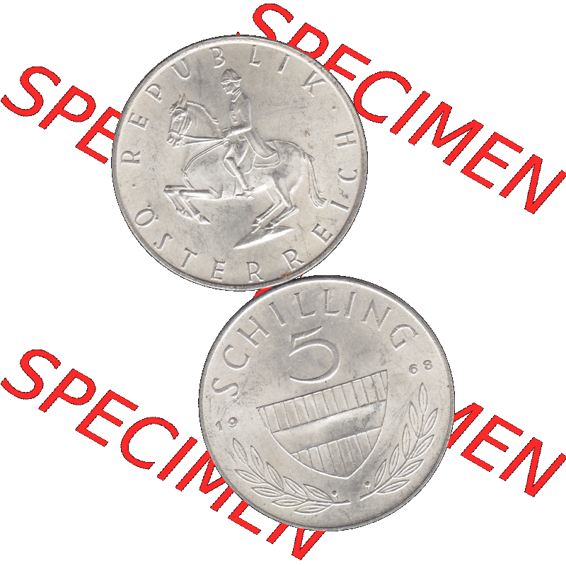 Alte Münze 5 / Fünf Schilling Österreich in original Farbgebung von Scanner transparenten PNG 1960-1968, 5 Fünf Schilling 1968-01, 5,20 Gramm 640er Silber,... Sammlung