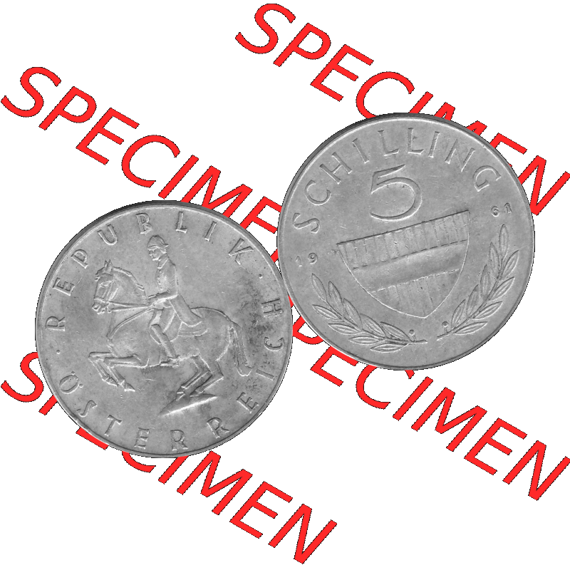 Alte Münze 5 / Fünf Schilling Österreich in s/w Schwarzweiß bzw. Graustufen Farbgebung von Scanner transparenten PNG 1960-1968, 5 Fünf Schilling 1961-02,... Sammlung