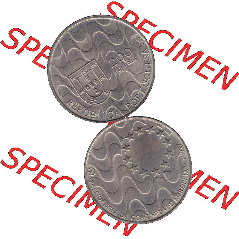 Alte Gedenkmünze aus Portugal als PNG-Grafik 1992, 200 Escudos, Presidencia da Comunidade Europeia. Vorderseite und Rückseite vertikal - untereinander auf einen Bild/Foto... Sammlung