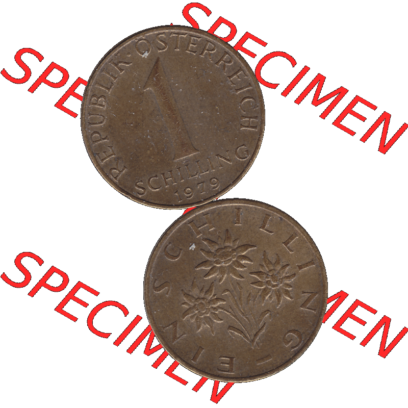 Alte Münzen Österreich 1 / Ein Schilling 1959-2001, 1 Schilling 1979-03. Vorderseite und Rückseite der Kursmünze 1 / Ein Schilling Münze Edelweiß aus... Sammlung