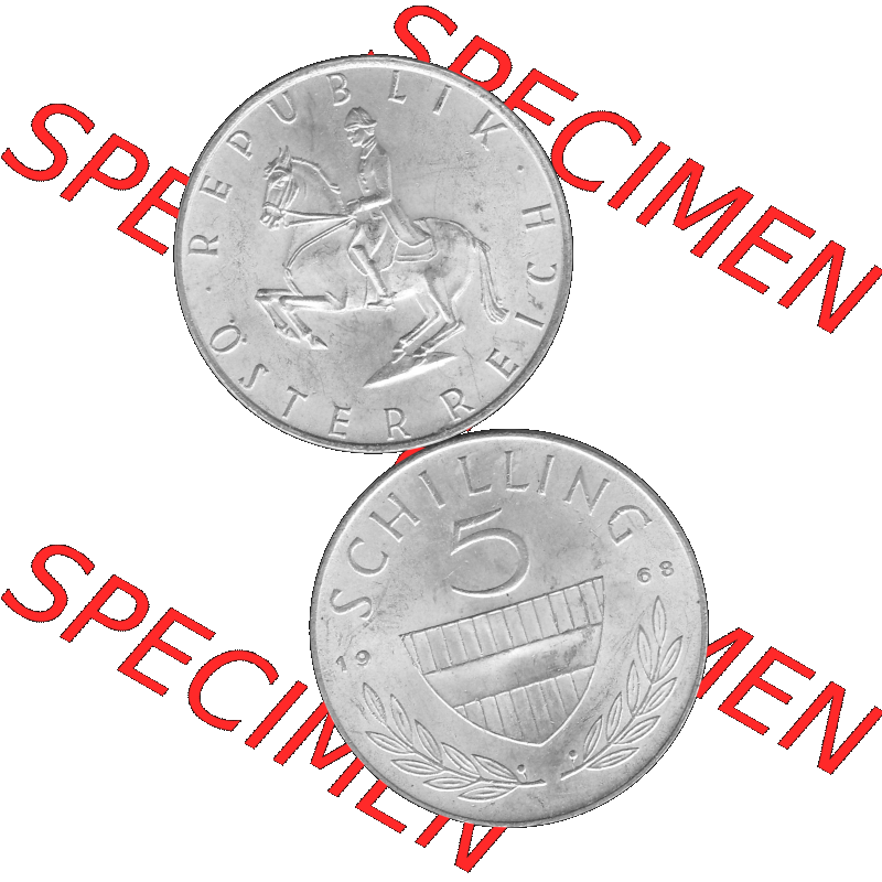 Alte Münze 5 / Fünf Schilling Österreich in s/w Schwarzweiß bzw. Graustufen Farbgebung von Scanner transparenten PNG 1960-1968, 5 Fünf Schilling 1968-01,... Sammlung