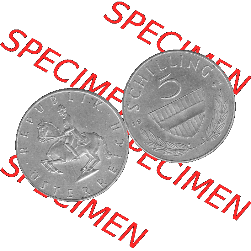 Alte Münze 5 / Fünf Schilling Österreich in s/w Schwarzweiß bzw. Graustufen Farbgebung von Scanner transparenten PNG 1960-1968, 5 Fünf Schilling 1962-01,... Sammlung