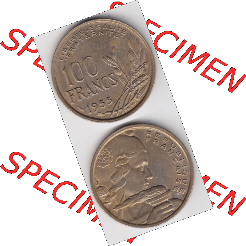 Münze Frankreich Umlaufmünzen Sammlung in PNG 1954-1958, 100 Francs, Franken Typ II 1955 (4) - Digitales Münzen-Bildmaterial einer französischen Francs Münze... Sammlung