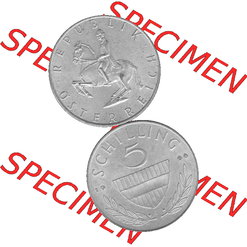 Alte Münze 5 / Fünf Schilling Österreich in s/w Schwarzweiß bzw. Graustufen Farbgebung von Scanner transparenten PNG 1960-1968, 5 Fünf Schilling 1966-01,... Sammlung
