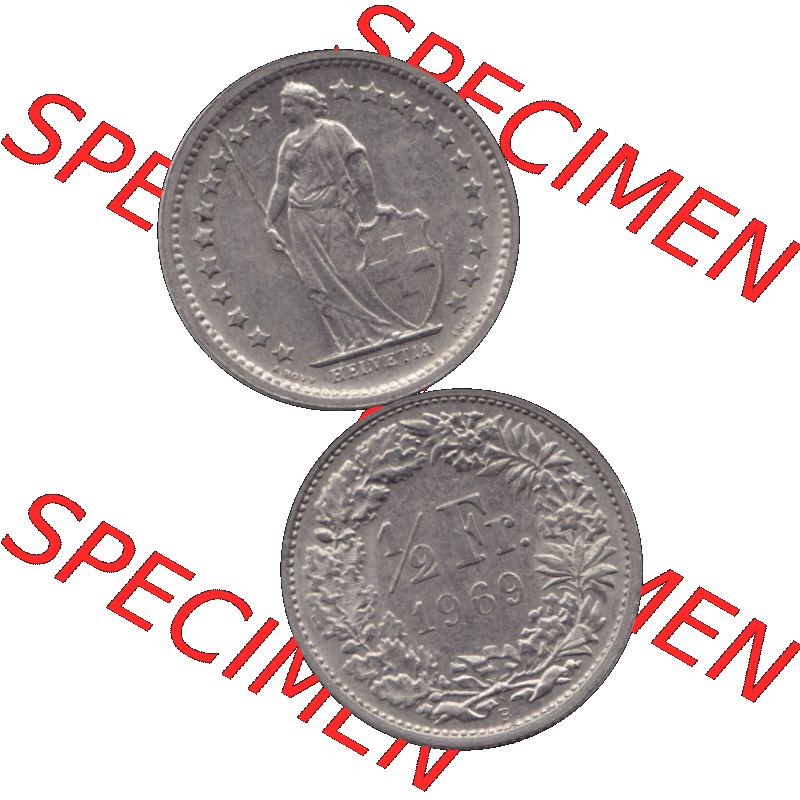 Alte Münze Schweiz in original Farbgebung vom Scanner transparenten PNG 1968-1982, 1/2 (halber) Franken B 1969-03. Vorderseite und Rückseite der Münze Umlaufmünze... Sammlung