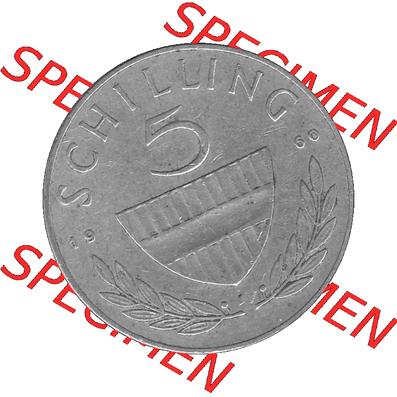 Alte Münze 5 / Fünf Schilling Österreich in s/w Schwarzweiß bzw. Graustufen Farbgebung von Scanner transparenten PNG 1960-1968, 5 Fünf Schilling 1960-01,... Sammlung