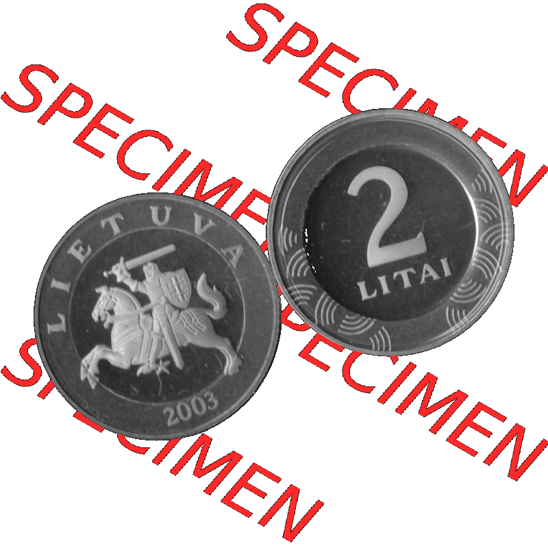 Alte Münze Litauen Kursmünzensatz 1998-2014, 2 Litai 2003-01 Graustufen. Vorderseite und Rückseite der Münze / Kursmünze aus Münzensatz / KMS 2003,... Sammlung