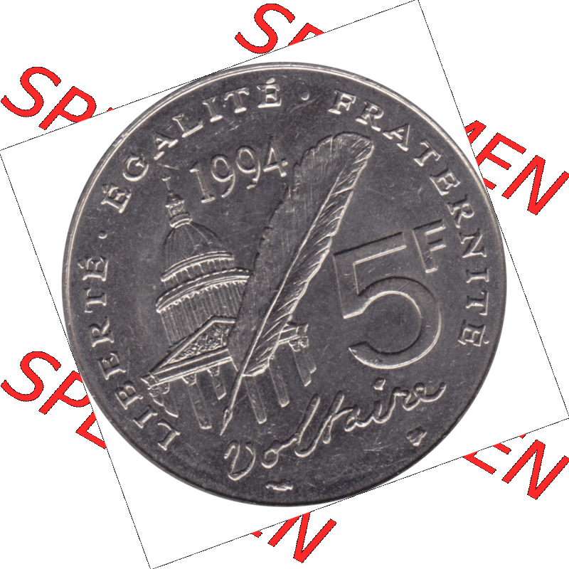 Münze Frankreich Umlaufmünzen Sammlung in PNG 1994-1994, 5 Francs Liberte Egalite Fraternite 1994-01 (5) - Digitales Münzen-Bildmaterial einer französischen Francs Münze... Sammlung