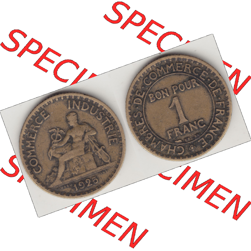 Münze Frankreich Umlaufmünzen Sammlung in PNG 1920-1927, 1 Franken BON POUR 1 FRANC 1925 (3) - Digitales Münzen-Bildmaterial einer französischen Francs Münze aus... Sammlung