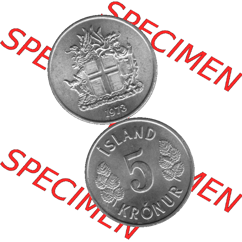 Alte Münze Island Umlaufmünze 1969-1980, 5 Kronur, Fünf Kronen 1973-01 Graustufen. Vorderseite und Rückseite in Graustufen der Münze aus Island, vertikal... Sammlung