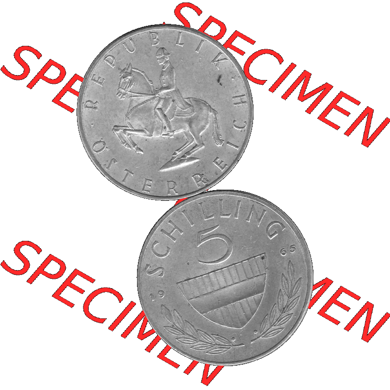 Alte Münze 5 / Fünf Schilling Österreich in s/w Schwarzweiß bzw. Graustufen Farbgebung von Scanner transparenten PNG 1960-1968, 5 Fünf Schilling 1965-01,... Sammlung