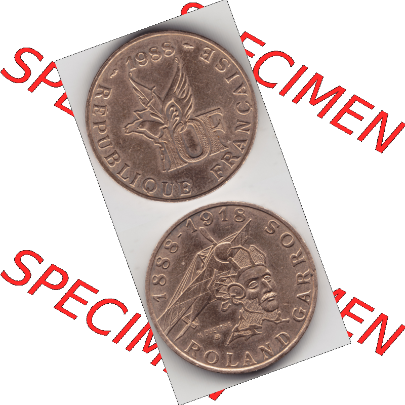 Münze Frankreich Umlaufmünzen Sammlung in PNG 1988-1988, 10 Francs Roland Garros (4) - Digitales Münzen-Bildmaterial einer französischen Francs Münze aus Frankreich... Sammlung