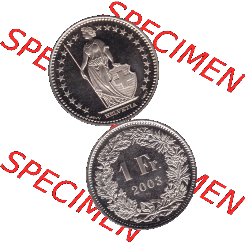 Alte Münze KMS Schweiz in original Farbgebung vom Scanner transparenten PNG 1983-2018, 1 Franken 2003. Vorderseite und Rückseite der Münze Umlaufmünze / Kursmünze... Sammlung