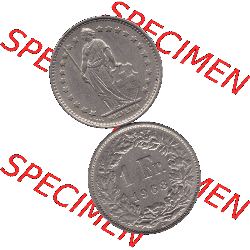 Alte Münze Schweiz in original Farbgebung vom Scanner transparenten PNG 1968-1982, 1 Franken B 1968-03. Vorderseite und Rückseite der Münze Umlaufmünze / Kursmünze... Sammlung