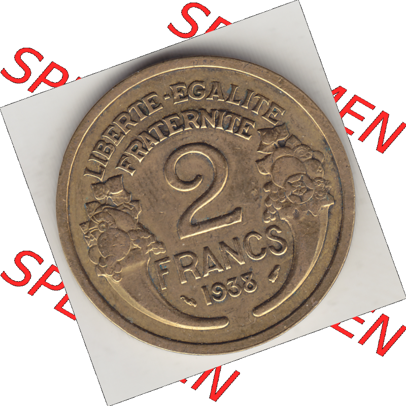 Münze Frankreich Umlaufmünzen Sammlung in PNG 1931-1941, 2 Franken 1938-1 LIBERTE EGALITE FRATERNITE (2) - Digitales Münzen-Bildmaterial einer französischen Francs Münze... Sammlung