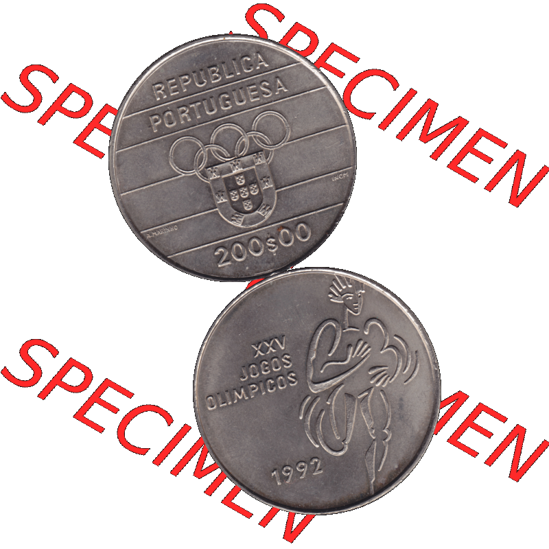 Alte Gedenkmünze aus Portugal als PNG-Grafik 1992, 200 Escudos, XXV Jogos Olimpicos. Vorderseite und Rückseite vertikal - untereinander auf einen Bild/Foto zusammengefügt... Sammlung